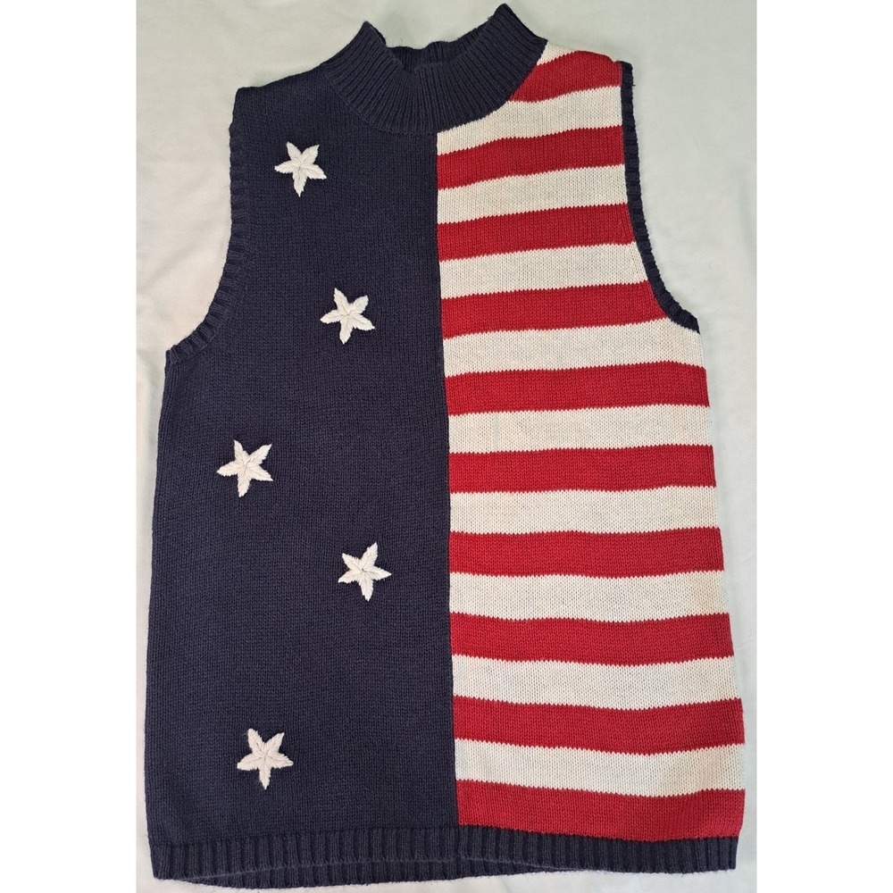 Sag Harbor Vtg Pet Med Womens American Flag Sweater Vest Americana Patriotic USA